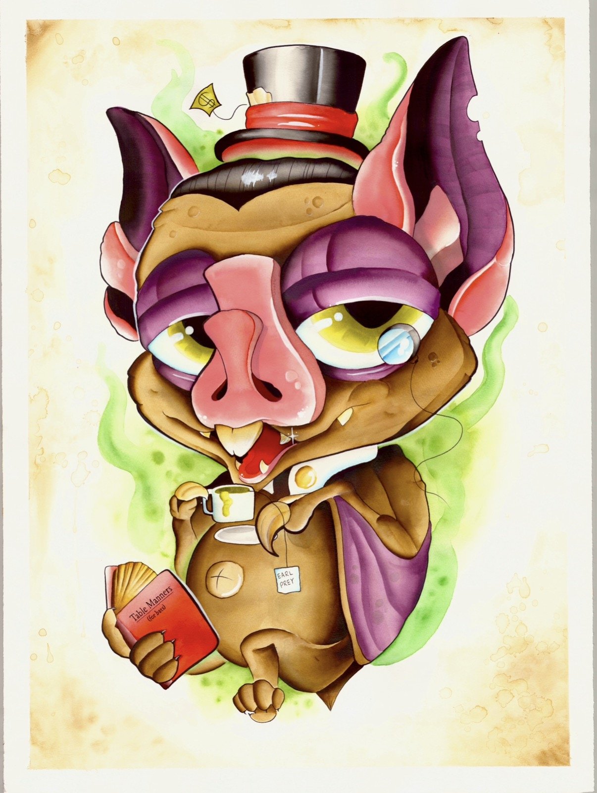 Bat in a top hat drinking Earl Prey tea flash design