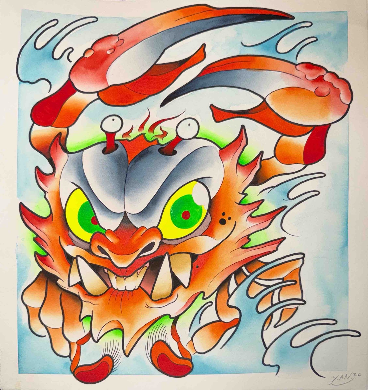 Colorful oni dragon mask flash design