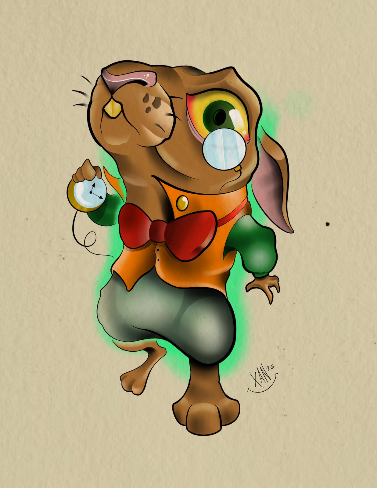 Rabbit in a vest holding a pocket watch flash design