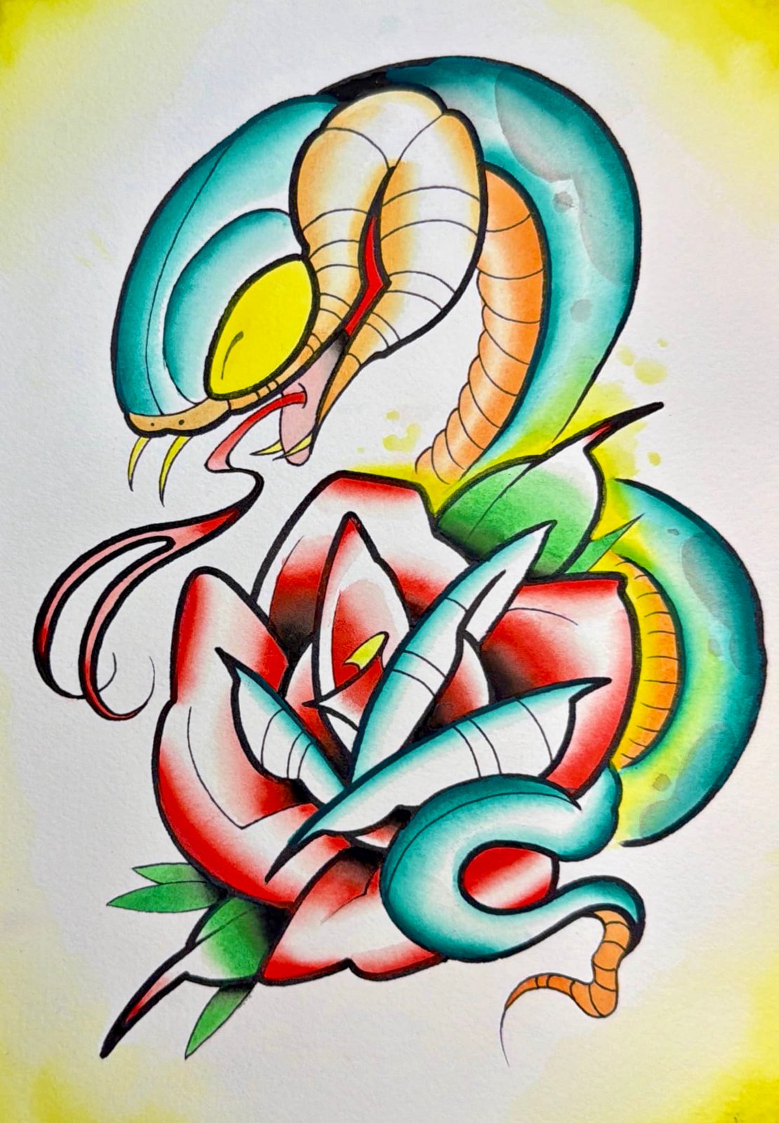 Snake coiled around a rose flash design