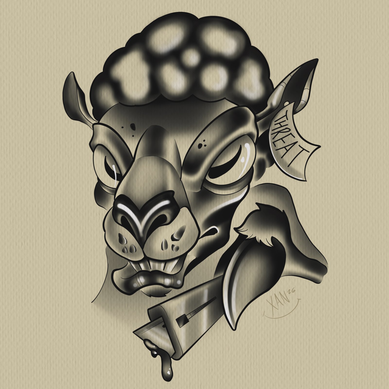 Demon sheep mask flash with straight razor and "Threat" ear banner